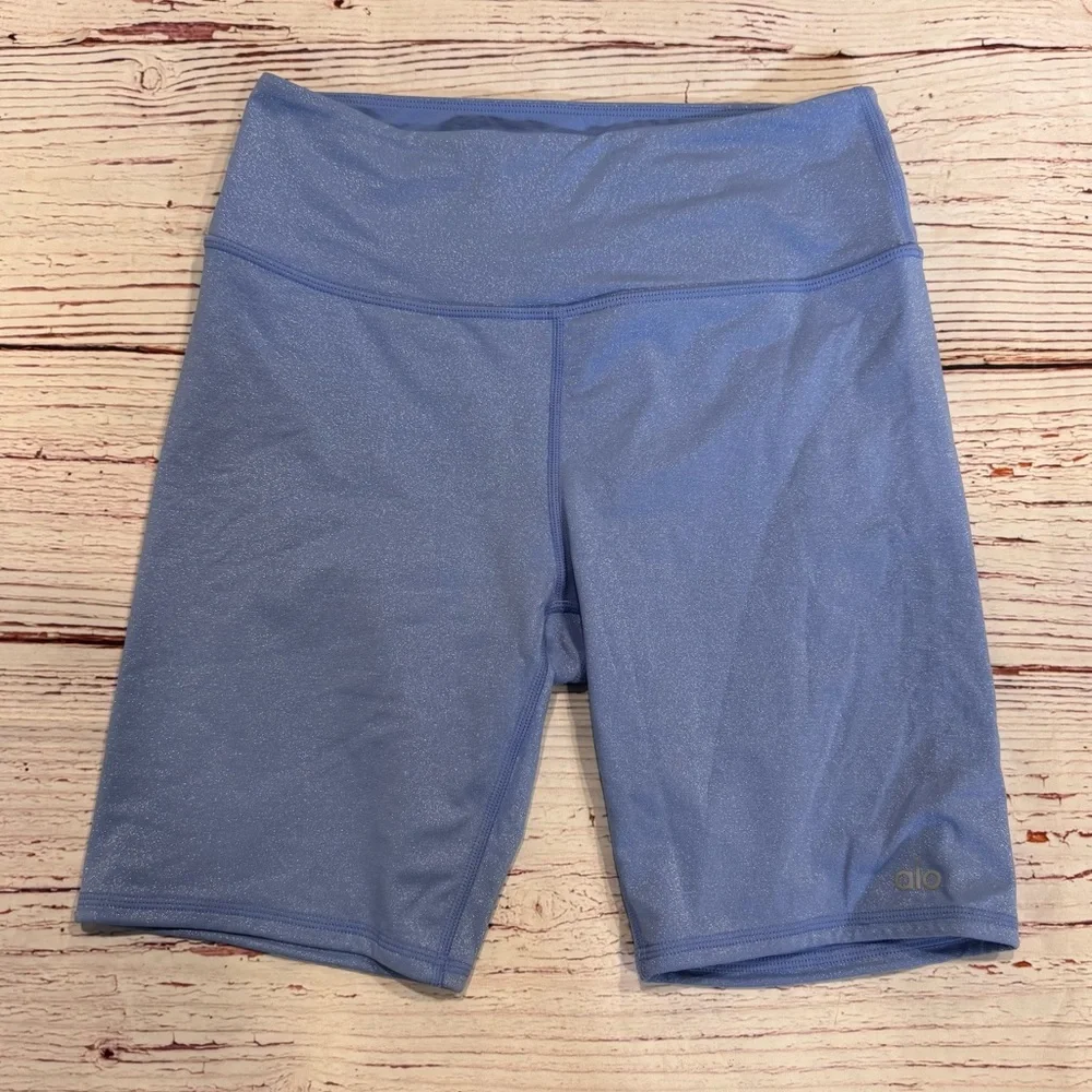ALO Yoga High Waist Glitter Bike Short in Marina/Silver Sz M
